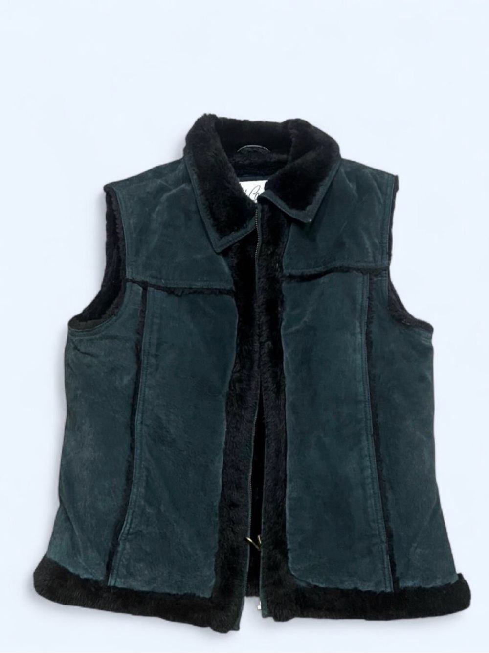 Sleeveless Black Suede Shearling Vest with Plush Trim